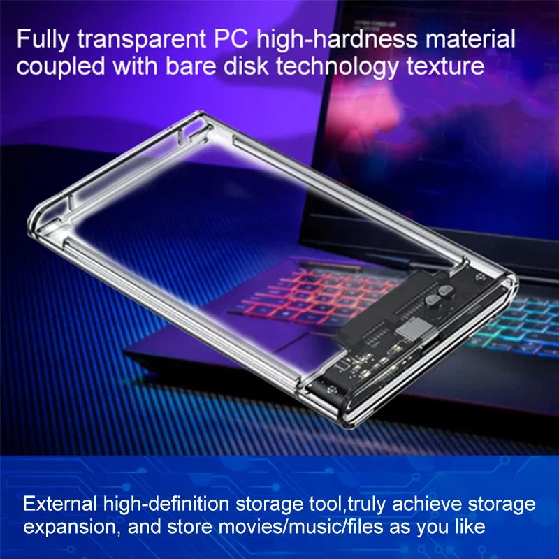 2.5inch SATA SSD Hard Drive Case USB3.0 HDD Enclosure Transparent Design Transfer Speed Mobile External Housing