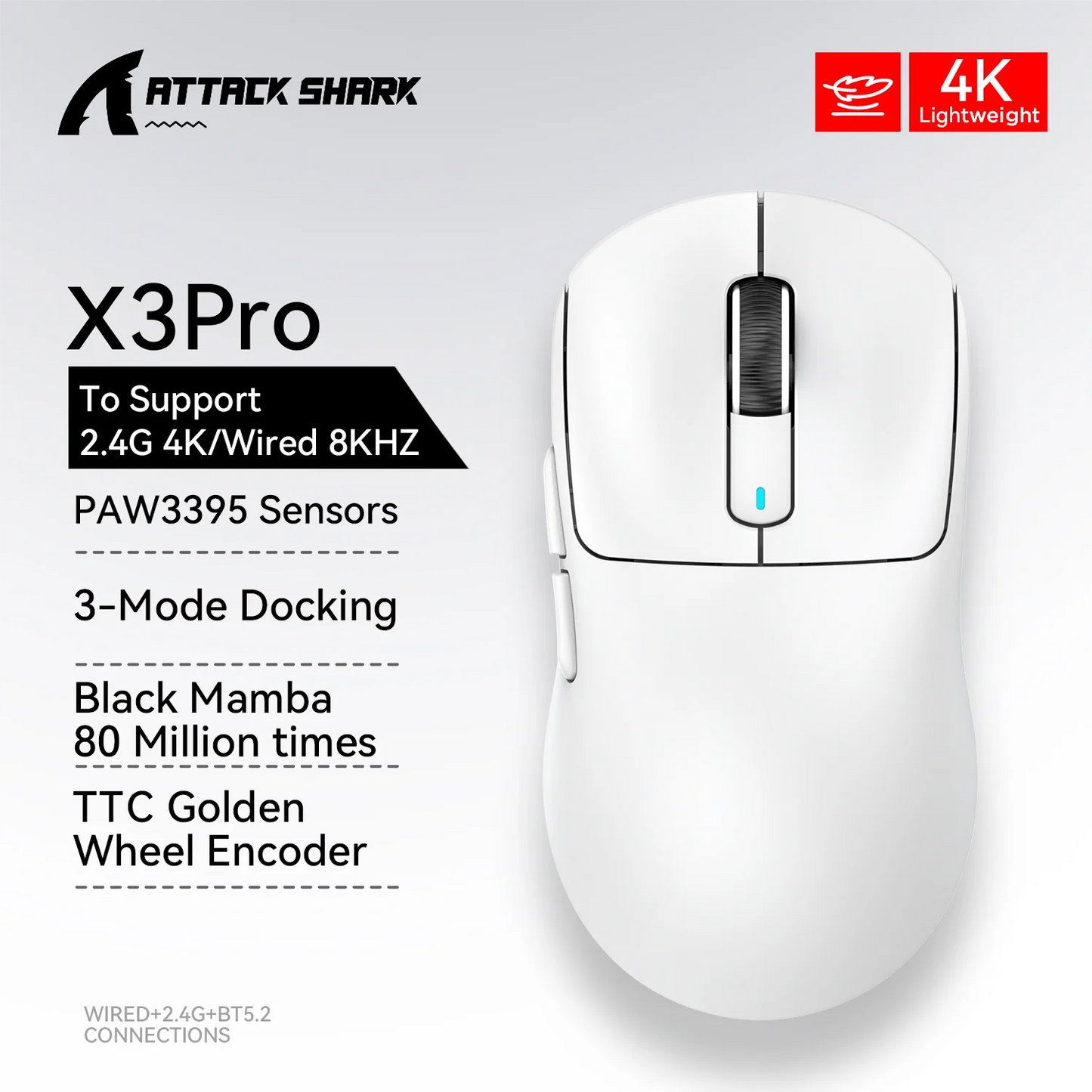 X3 ATTACK SHARK X3Pro Bluetooth Gaming Mouse PAW3395 Sensor TTC Encoder Black Mamba Switch and 1K/4K Hz for Wireless Mouse