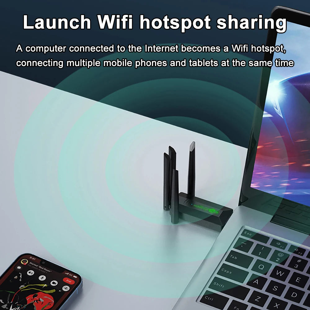 Original USB 3.0 WiFi 6 Adapter 802.11AX 4-Antenna 1200Mbps Dual Band 2.4G 5G For Windows 10/11