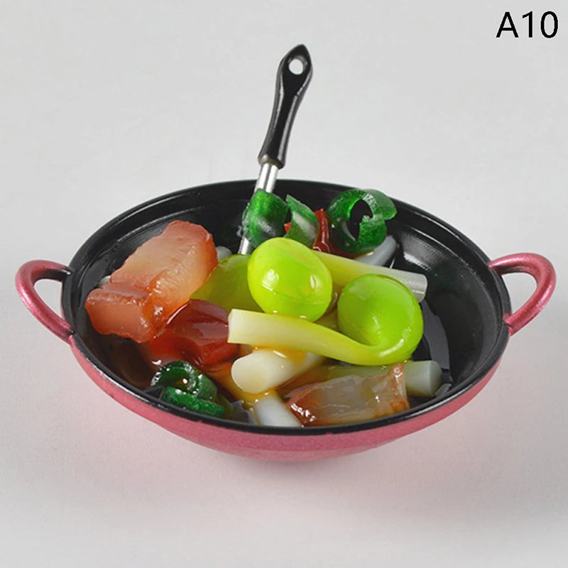 1/12 Dollhouse Miniature Accessories Mini Metal Cooking Pot with Food Simulation Kitchen Kitchenware Model Toy Doll House Decor