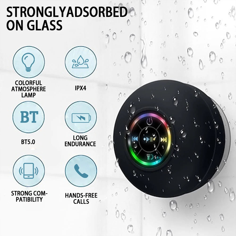 Bluetooth Speaker Portable Wireless Mini LED Speaker With Mic Suction Cup IPX4 Waterproof Resistant For Travel Outdoor Bathroom