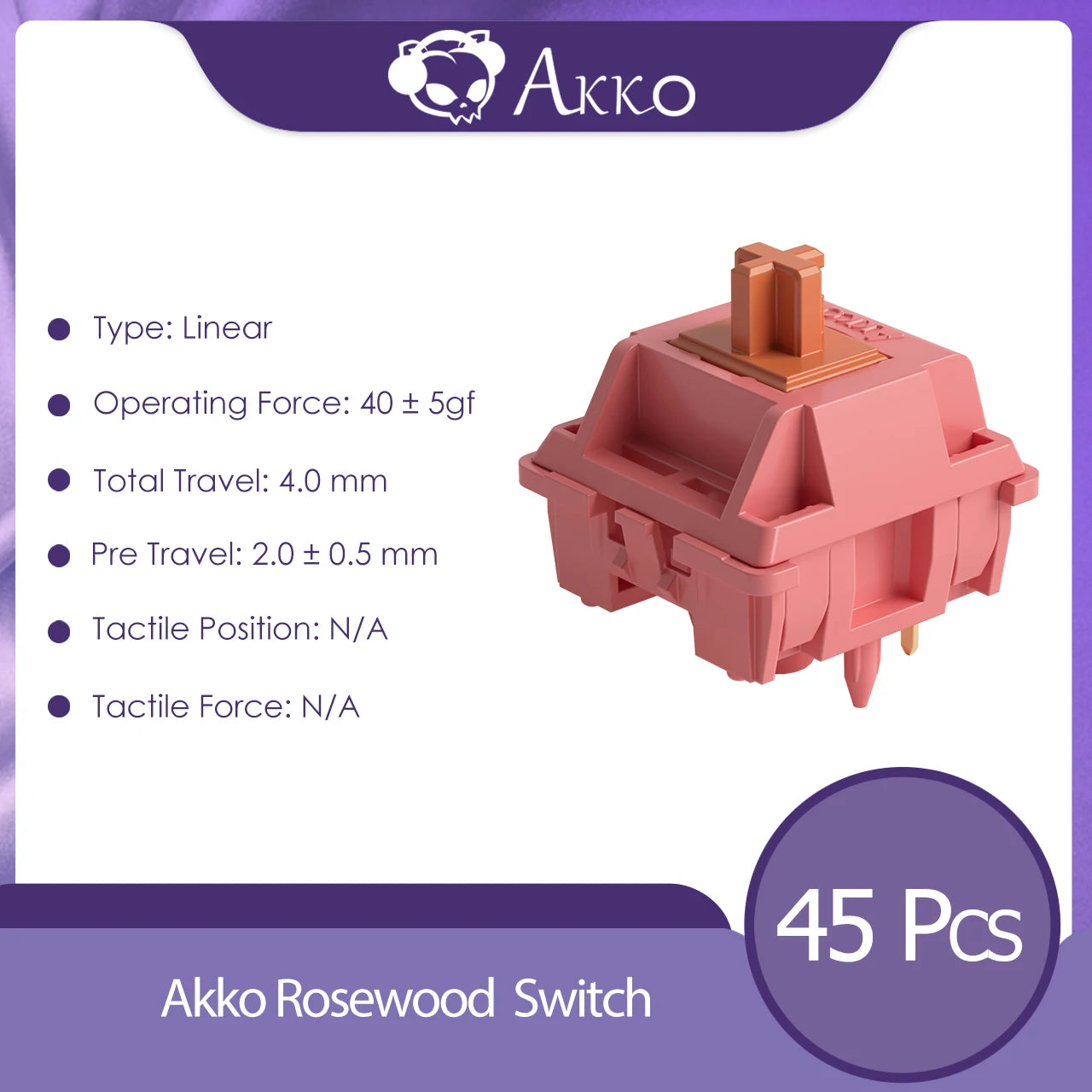 Akko Rosewood Switch 5 Pins 40gf Linear Switch Factory Lubed Deep Low-pitch Compatible with MX Mechanical Keyboard (45 pcs)