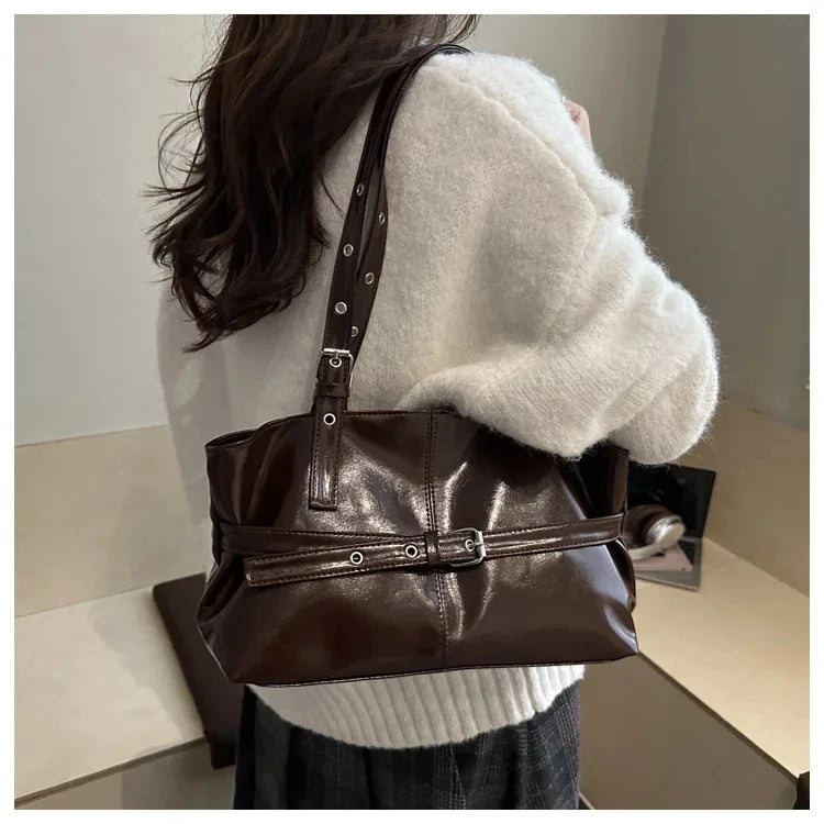 Solid-color Versatile Tote Bag for Women High-quality Suede Buckle-designed Bucket Commuter Bag