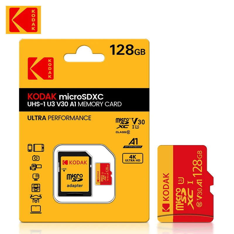 100% Original Kodak Red Memory Card 128GB 64GB 32GB A1 Micro TF SD Card Class 10 UHS-1 TF Flash Card for Samrtphone/PC