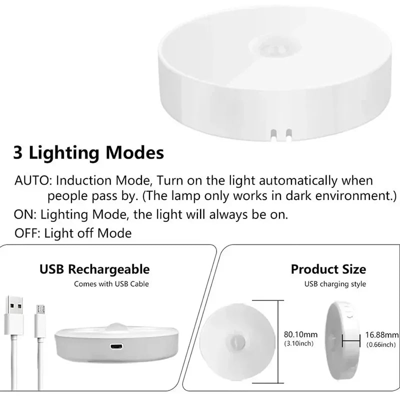 Motion Sensor Light USB Rechargeable Night Light LED Lamp for Kitchen Bedroom Stairs Hallway Cabinet Closet Wardrobe Nightlight