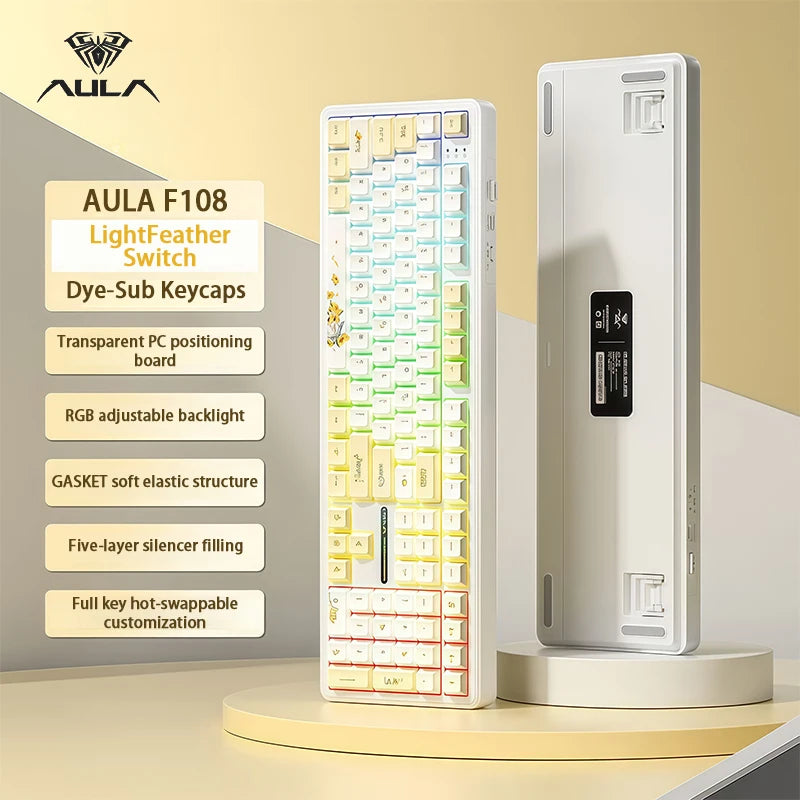 AULA F108Pro/F108 Wireless Bluetooth tri-mode connection, multi-functional display, Gasket structure, RGB lighting effects