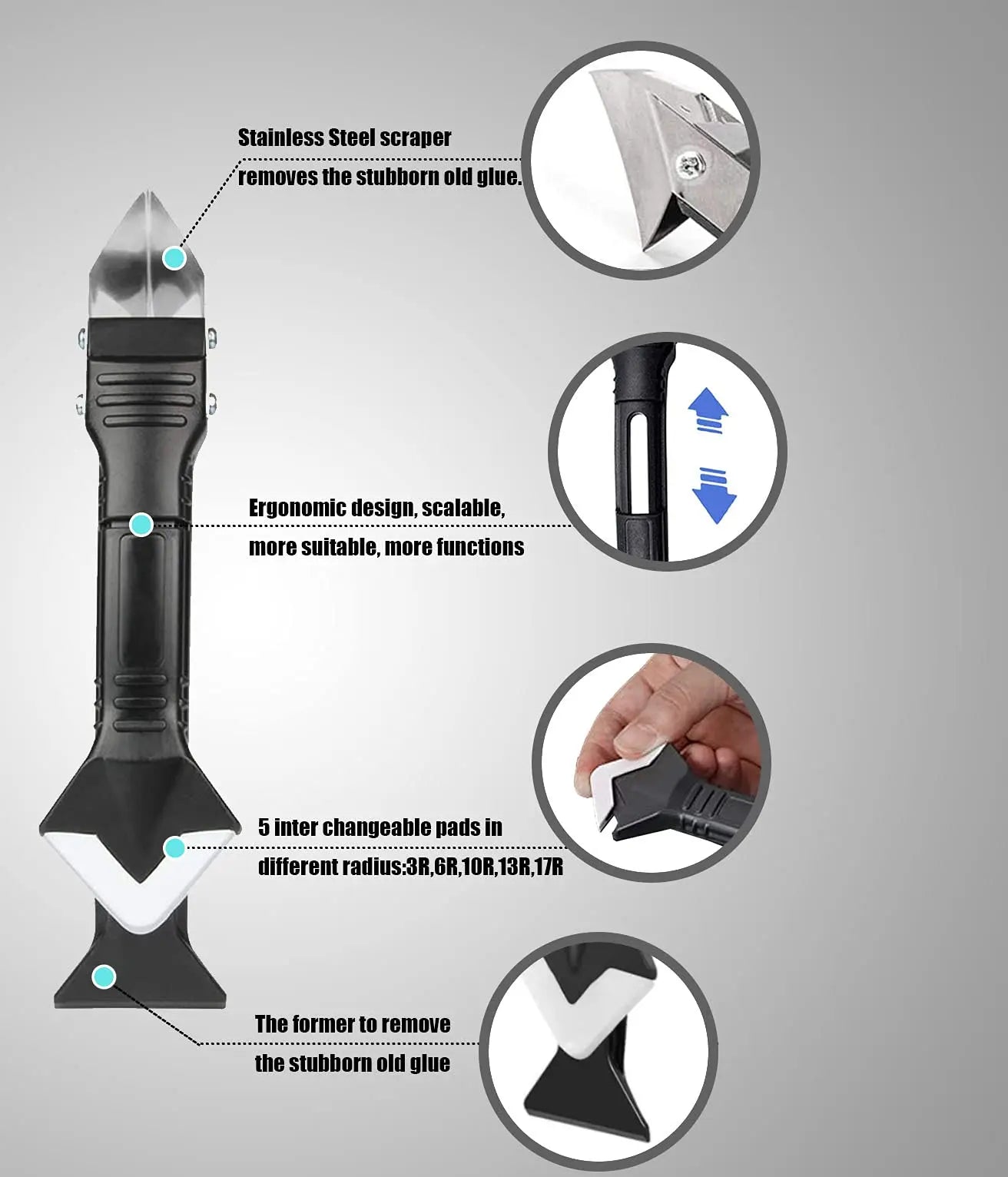 Silicone Scraper Squeegee Glue Remover Knife Caulking Angle Beauty Crack Trowel Tool Grout Scraper Kit 5in1 Multifunctional Home