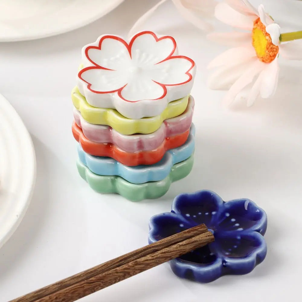 New Cute Colorful Ceramic Chopsticks Holder Sakura Blossoms Spoon Fork Chopstick Rest Tableware Stand Kitchen Dining Accessories