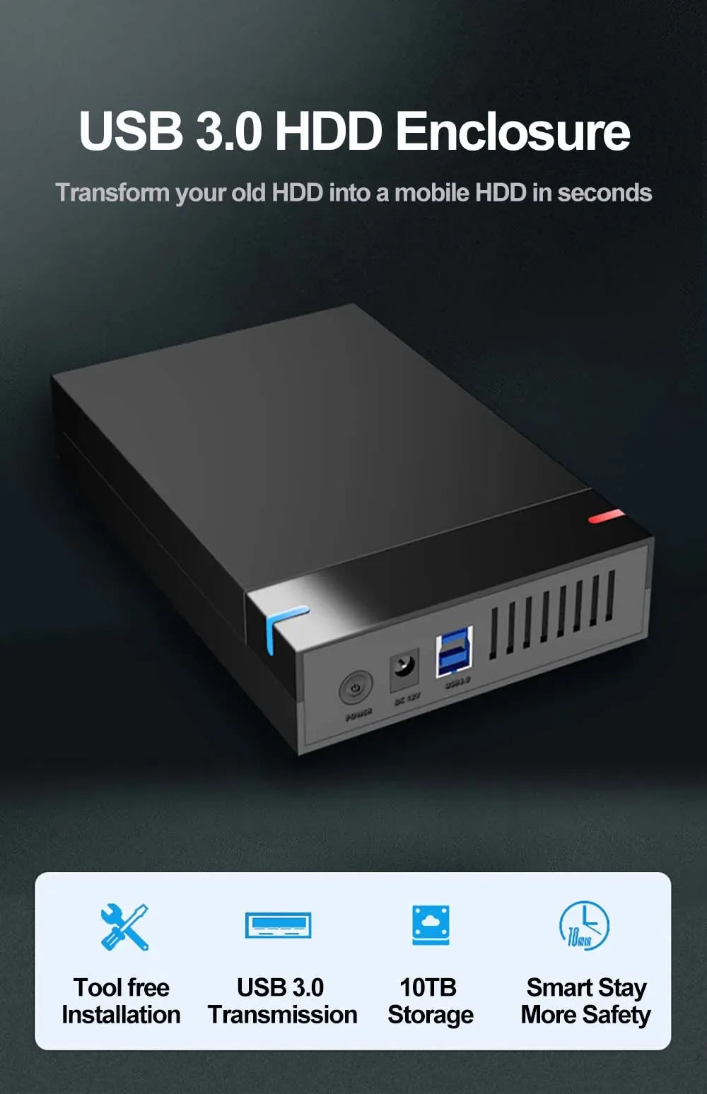 Portable 3.5 Inch USB 3.0 External Hard Drive Case Box Enclosure SATA SSD HDD 10TB Transmission for PC Laptop TV Cellphone