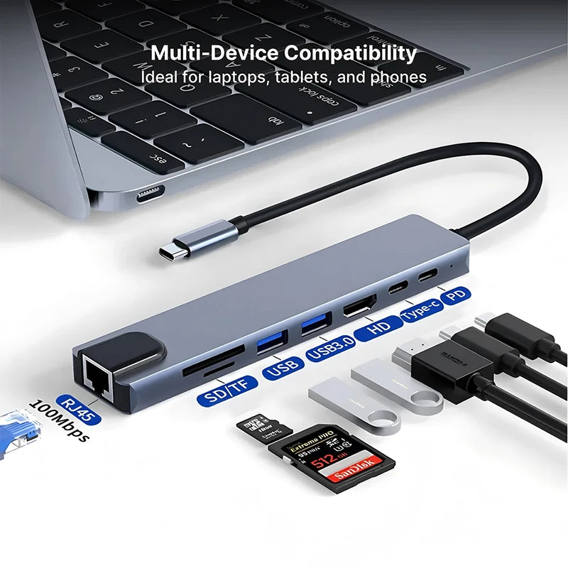 8 In1 Usb C Hub 3.0 Type C Splitter 4k Docking Station Laptop Adapter Pd Sd Tf For Macbook Air M1 Ipad Pro Rj45 Hdmi-Compatible