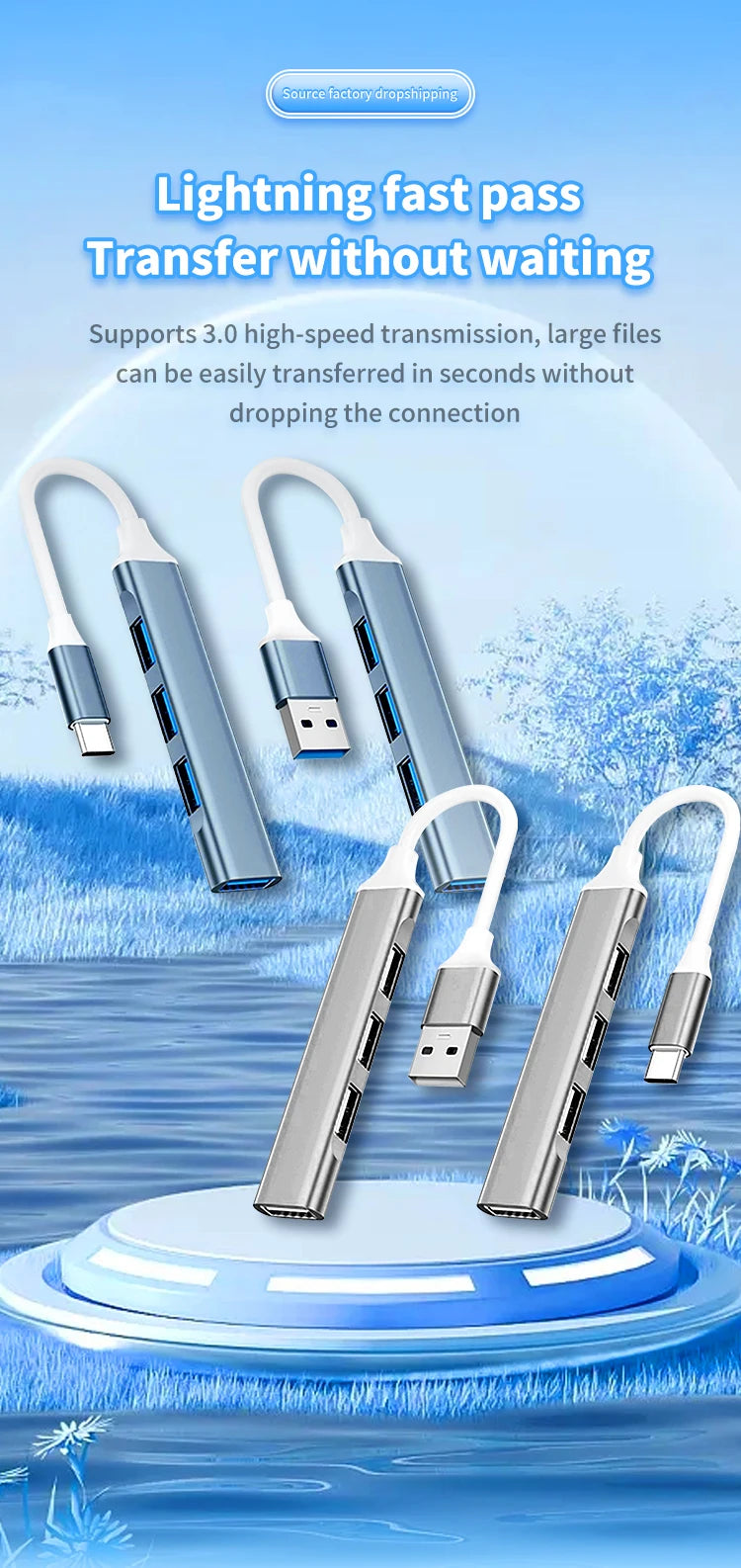 4-in-1 USB C Hub 3.0, Multi-Port OTG Adapter for Smartphones, Tablets, Laptops, Computers, Type-C Splitter