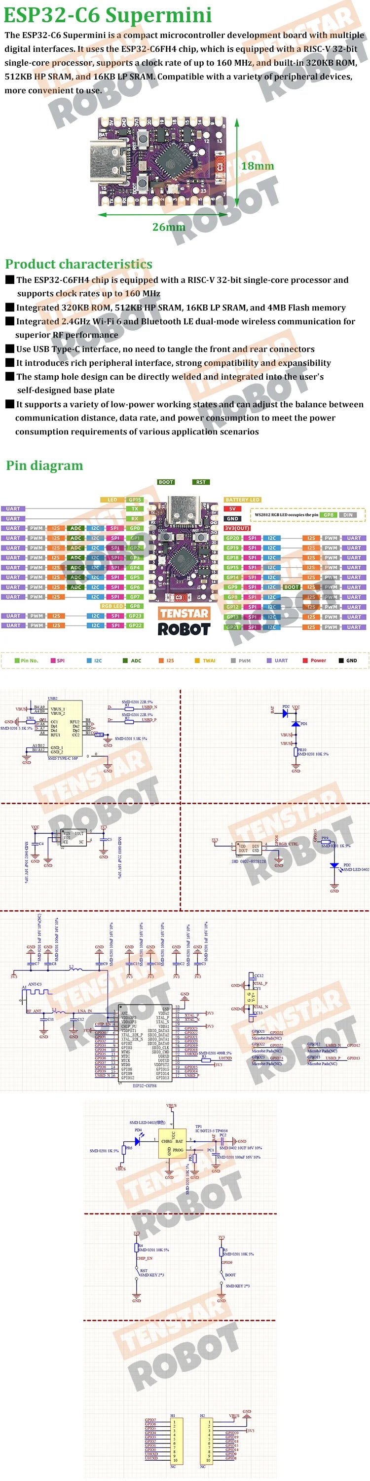 TENSTAR ESP32-S3 ESP32-C3 ESP32-H2 ESP32-C6 Development Board WiFi Bluetooth Module Single-Core SupmerMini XIAO