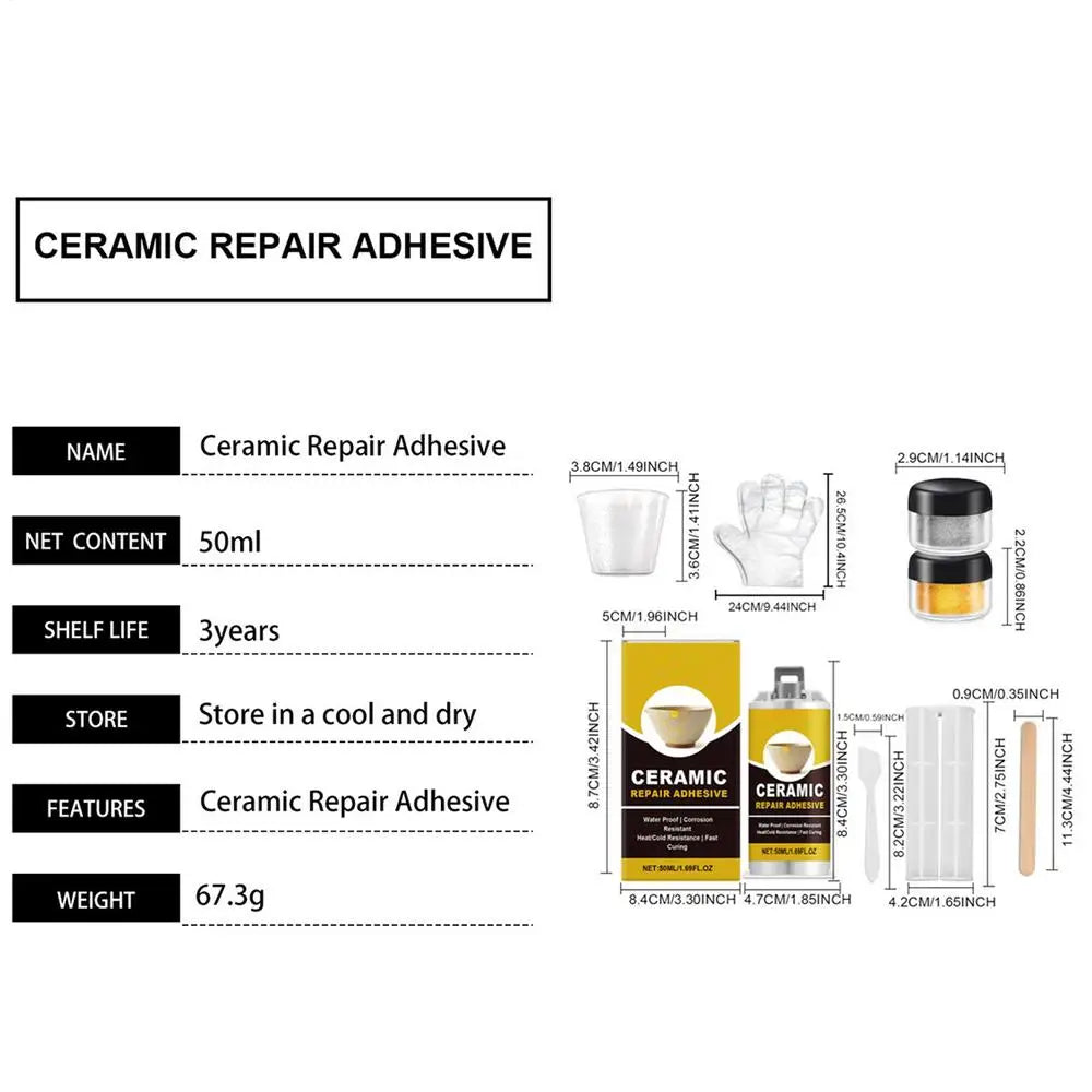 Ceramic Repair Kit - Food Safe Adhesive in Kintsugi Style - Mends Broken Pottery, Dishes, Figurines for Kitchen & Bathroom