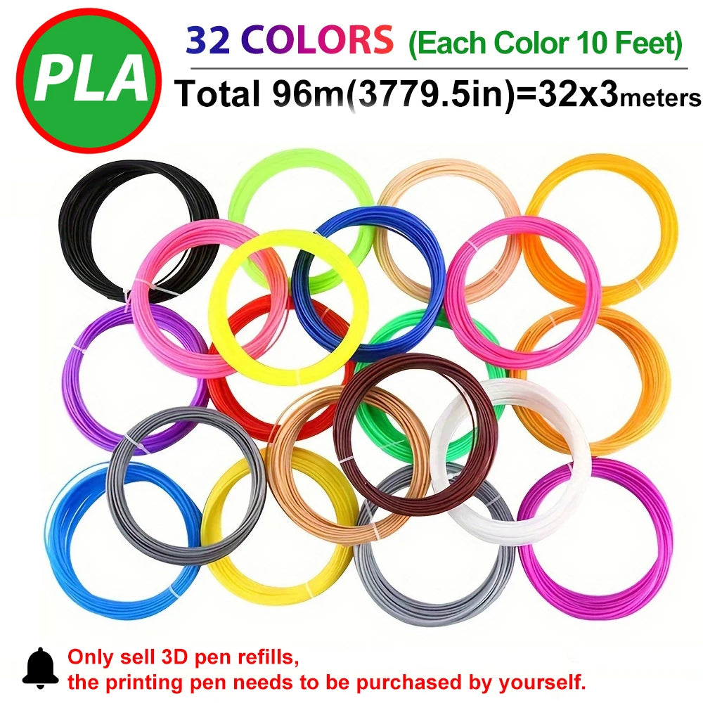 32/15/10 Colors 3D Pen Filament Refills 1.75mm PLA, Each Color 10Feet(3m), Total 320/150/100 Feet (96/45/30m), Random Color