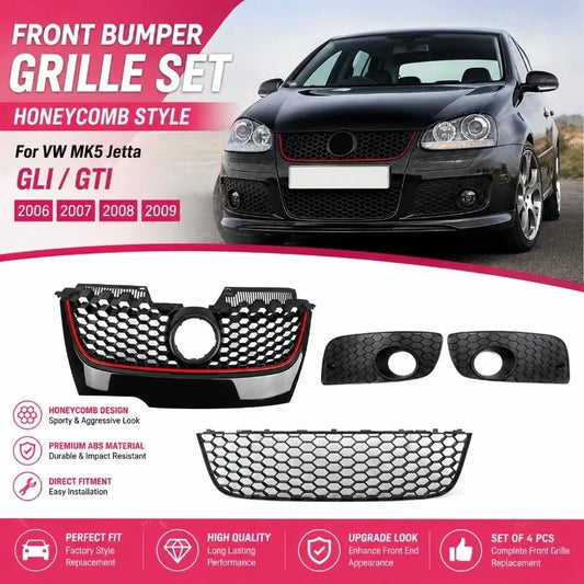 For  VW MK5 2006 2007 2008 2009 Jetta GLI GTI Front Bumper Grille Honeycomb Style Grille Set of 4 Center Grill BodyKits Autopart