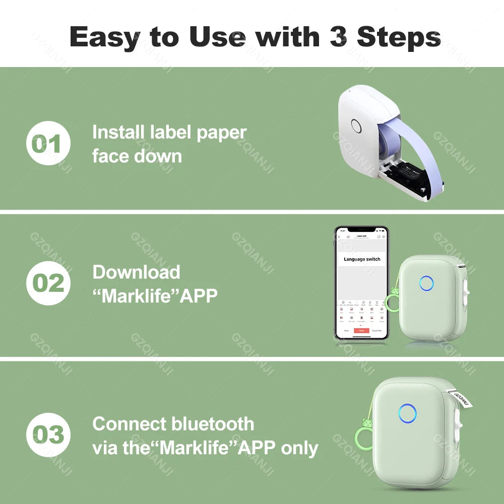 Portable Mini Labeling Printer Marklife P12 Thermal Adhesive Sticker Pocket Label Maker or 1Roll Spacer/Continues Label Paper