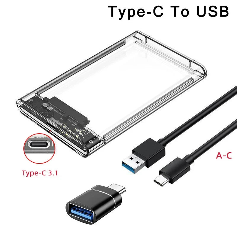Transparent HDD Case HDD Enclosure 2.5 Inch SSD SATA To USB2.0 Type-C Adapter Portable External Hard Drive Box Tool-Free