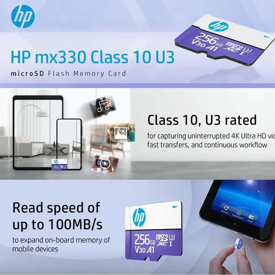HP Micro SD Card 64GB 128GB 256GB U3 V30 A1 TF Memory Card High Speed 4K UHD Video Card for Camera Phone Dash Cam