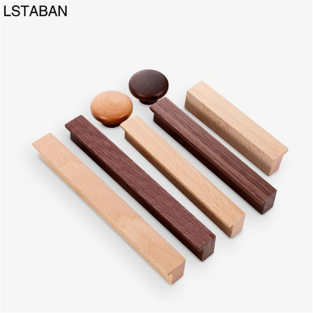 Beech Wooden Cabinet Handles Walnut Solid Wood Furniture Kitchen Door Handle Wardrobe Cupboard Drawer Knobs Hardware Pull Handle