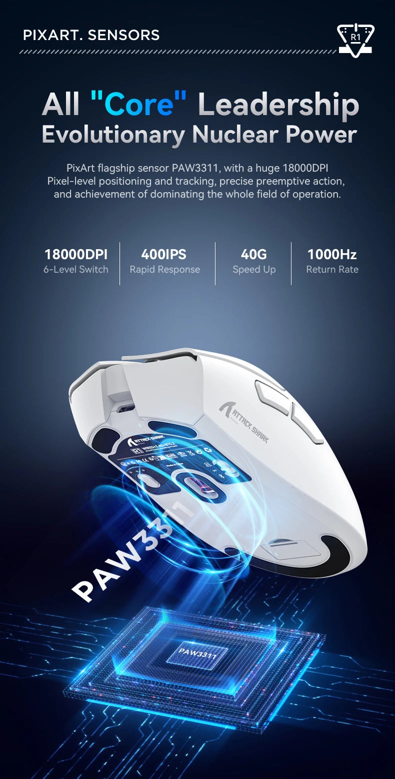 R1 Attack Shark Lightweight Wireless Mouse, 18000dpi,1000Hz PAW3311,Bluetooth Tri-mode Connection, Macro Gaming Mouse @3C1