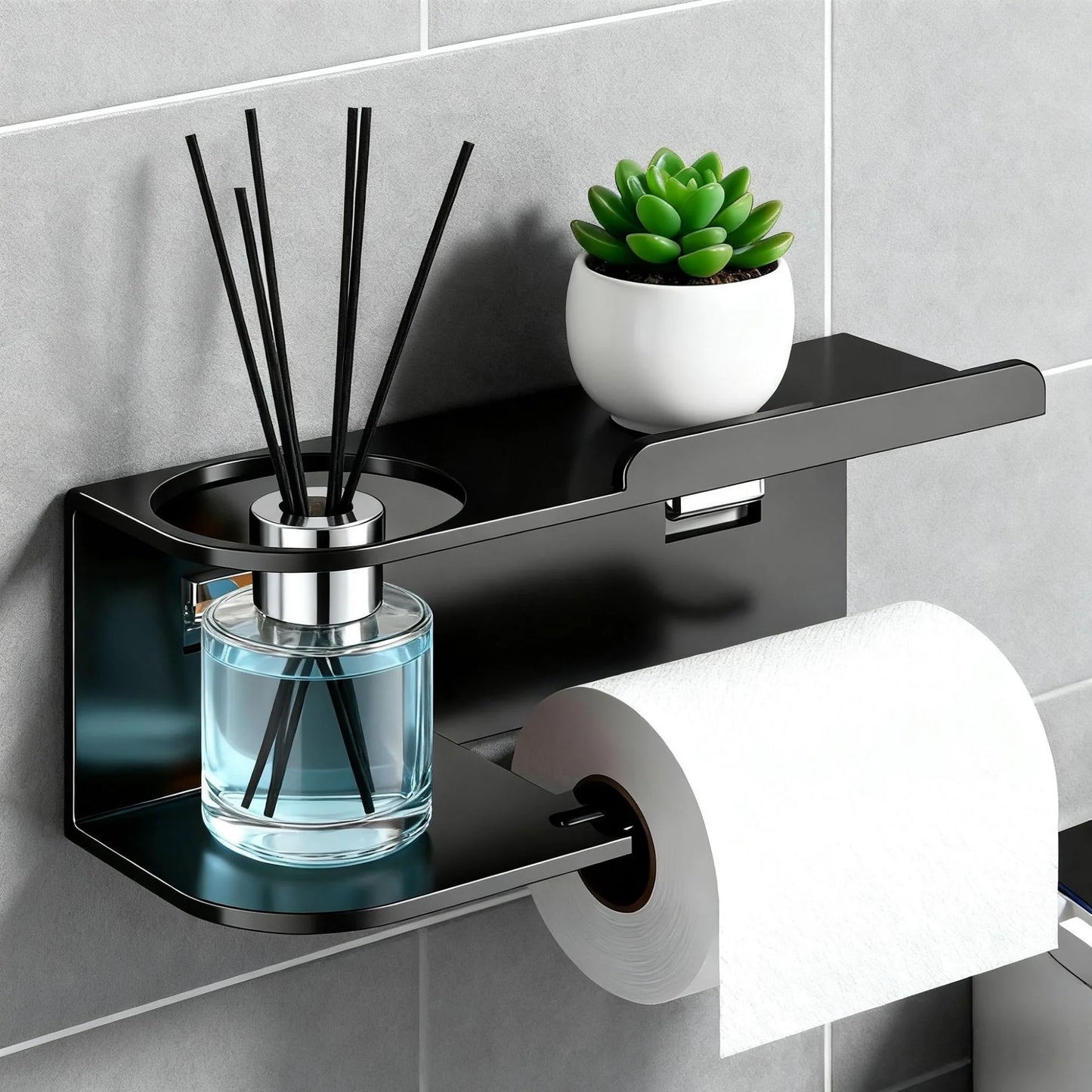 Self Adhesive Toilet Paper Holder with Phone Shelf Stainless Steel Wall Mounted Toilet Paper Roll Holder - Rustproof