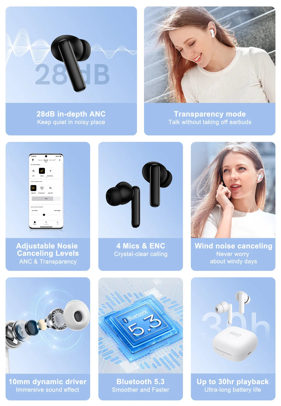 QCY T13 ANC Active Noise Cancelling Wireless Earbuds Bluetooth 5.3 Headphones 4 Mics ENC Clear Calls Earphones 30H Playtime IPX5