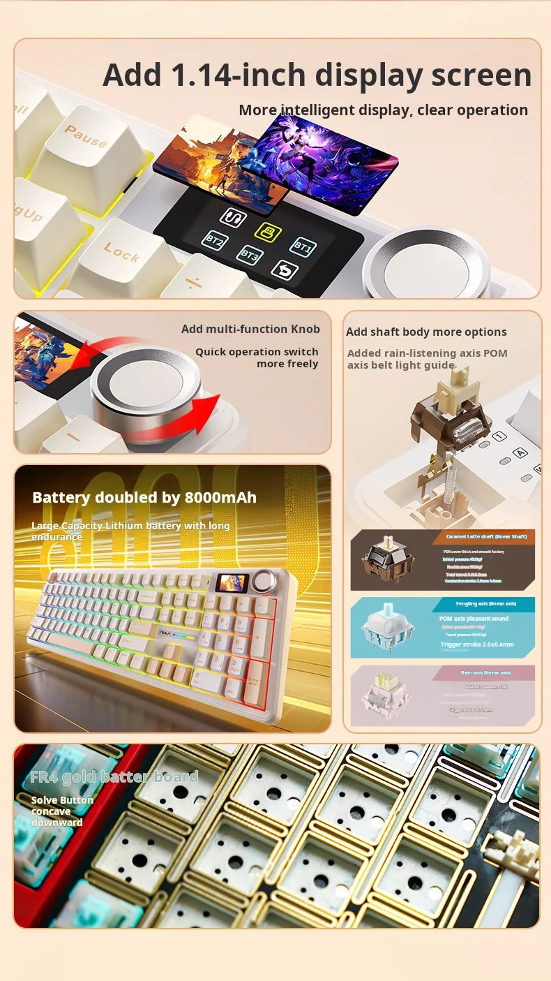 AULA F108Pro/F108 Wireless Bluetooth tri-mode connection, multi-functional display, Gasket structure, RGB lighting effects