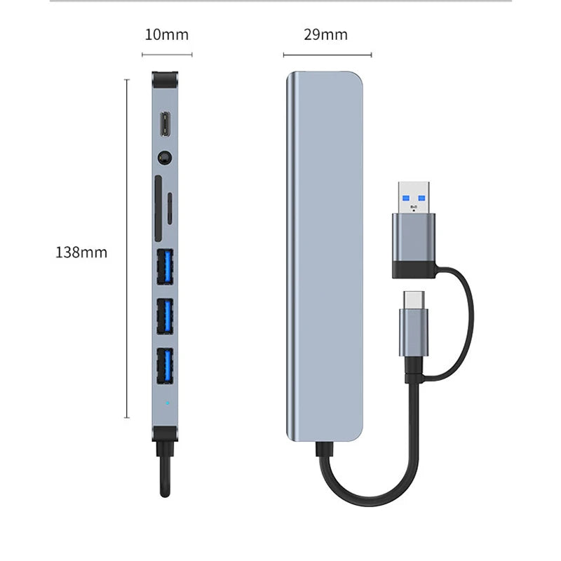 8 in 2 USB +Type C HUB Docking Station with 3.5mm Audio Jack Adapter for Micro SD Card Reader Laptop Tablet Phone Disk Converter
