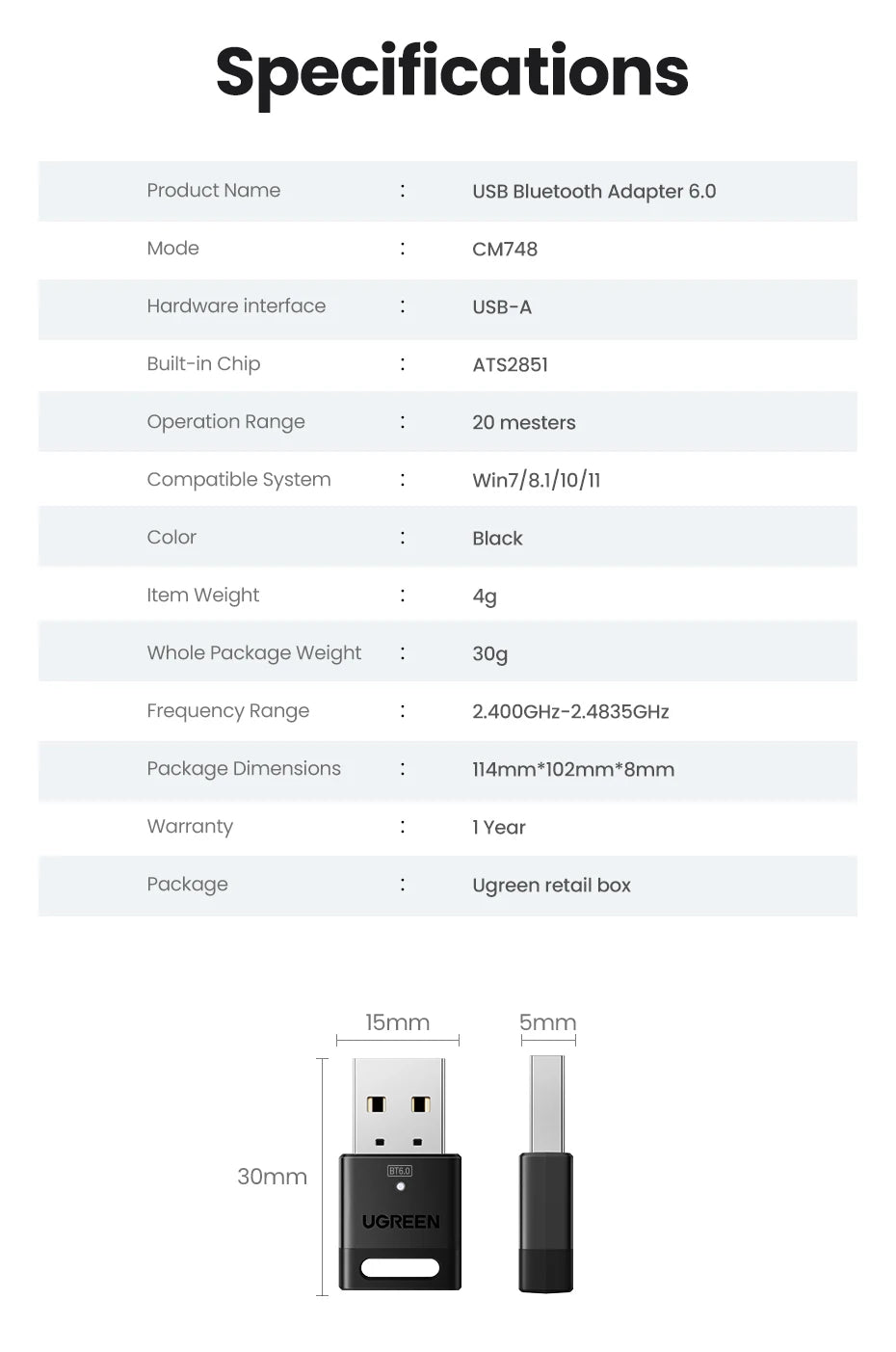 USB Bluetooth Adapter, Bluetooth 6.0 Dongle for PC Windows 11/10/8.1, Bluetooth Receiver & Transmitter for Keyboard/Mouse