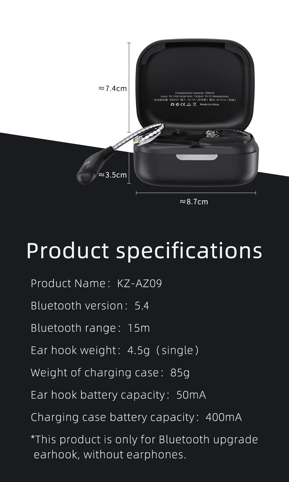 KZ AZ09 Wireless Upgrade Cable Bluetooth-compatible 5.2 HIFI Wireless Ear Hook C PIN Connector With Charging Case