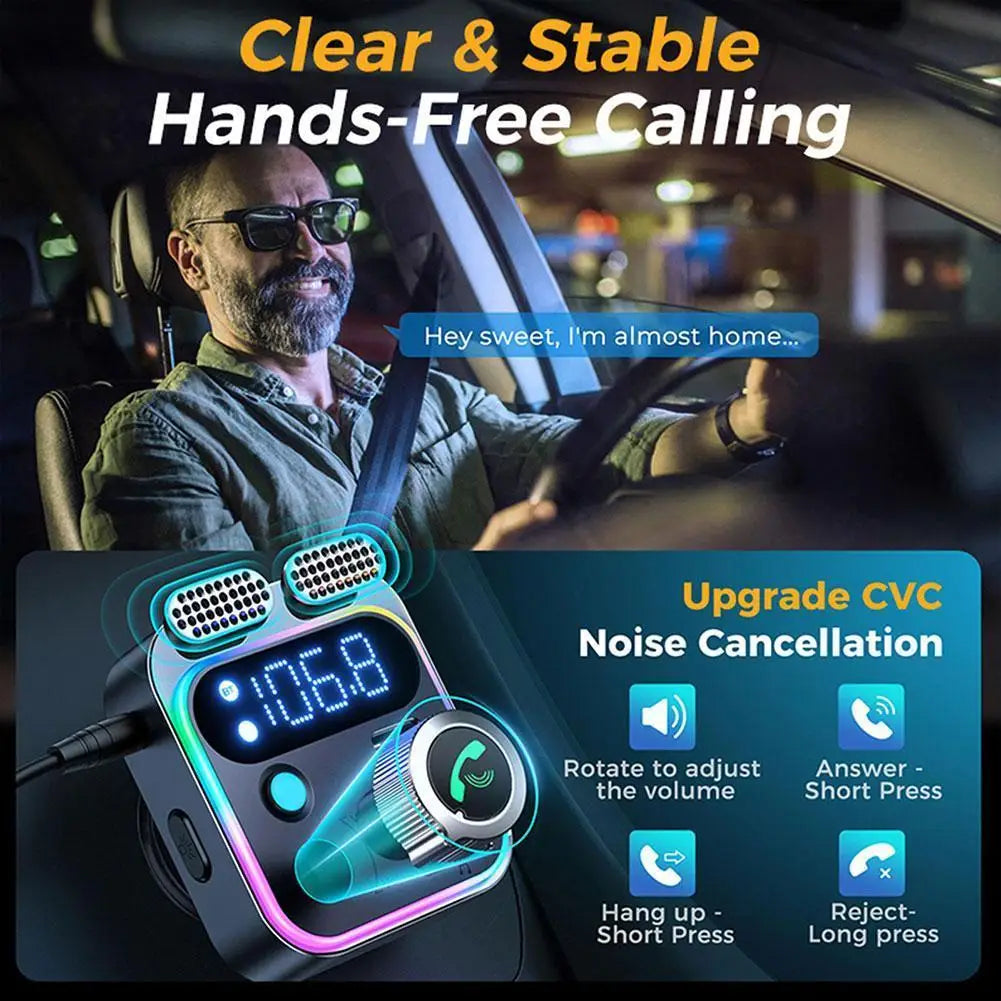 LED Bluetooth 5.0 FM Transmitter With Strong Dual Mics And Deep Bass Sound For Car 48W PD&QC3.0 Car Charger Adapter