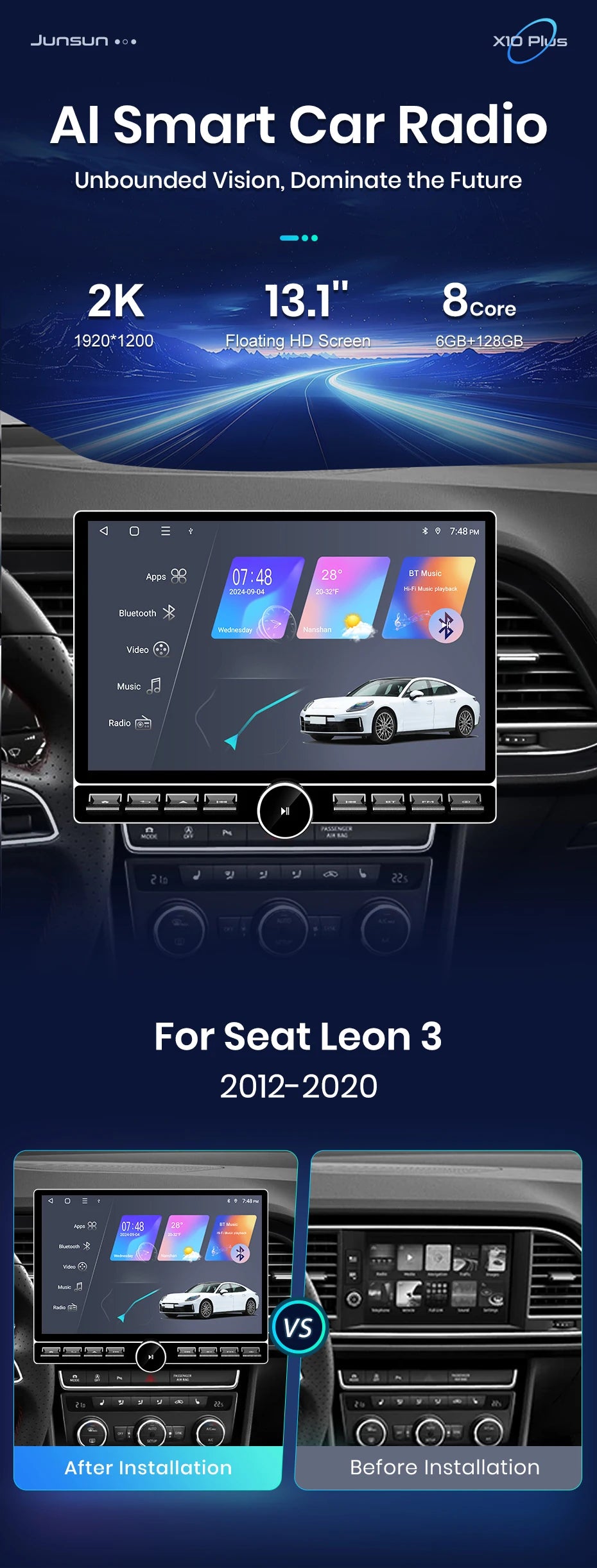 Junsun 13.1 "Car Radio For Seat Leon MK3 2012 2013-2020 Wireless Carplay Car Car Radio Multimedia GPS Stereo 8 core 4G DSP