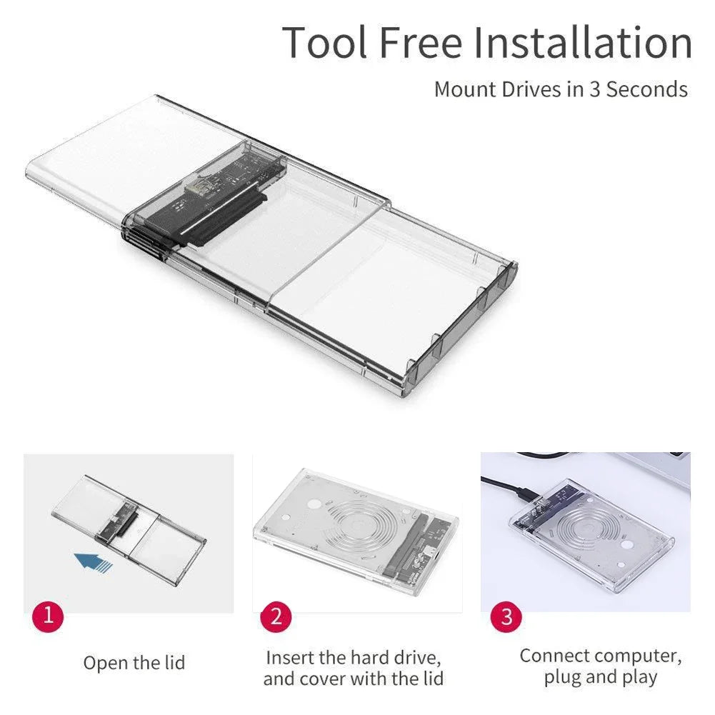 USB External Hard Drive Enclosure 2.5 inch SATA to USB UASP Clear Portable Hard Drive Case 2T HDD Tool-Free Transparent