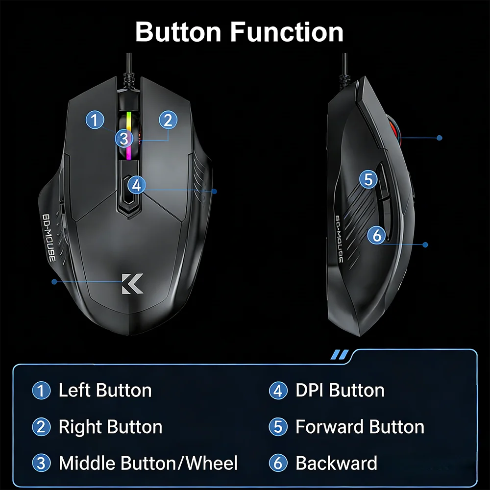 KEBIDUMEI RGB Wired Gaming Mouse 7200DPI 6-Level Adjustable 6 Buttons Ergonomic Silent Mice Plug and Play for Laptop Win MacOS