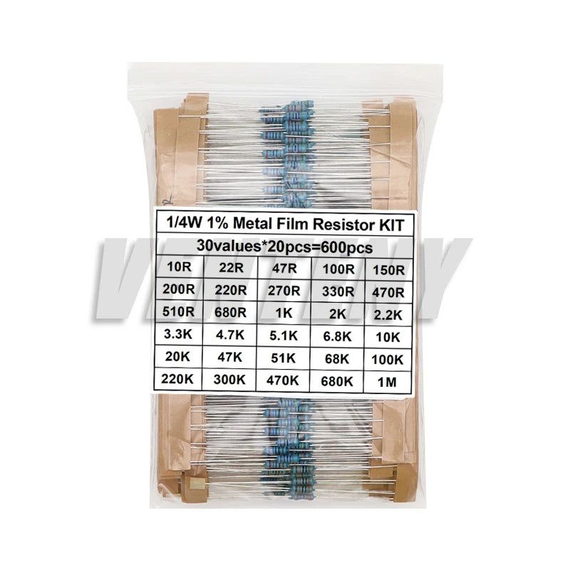 300/600PCS 30Values 1/4W Metal Film Resistor Kit with Box 10Ohm ~1M Resistance 1% Set of Resistors
