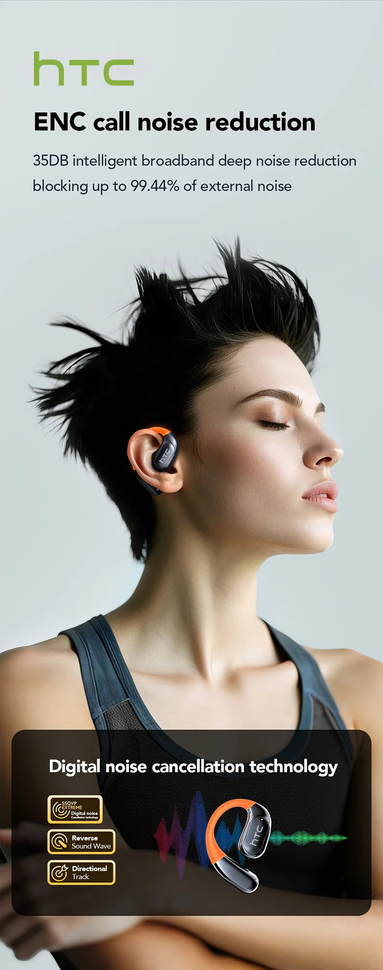 HTC NE27 Wireless Headphones Bluetooth 5.4 AI Translator Earbuds Glowing Earhook Upgraded LCD Touchscreen ENC Noise Reduction