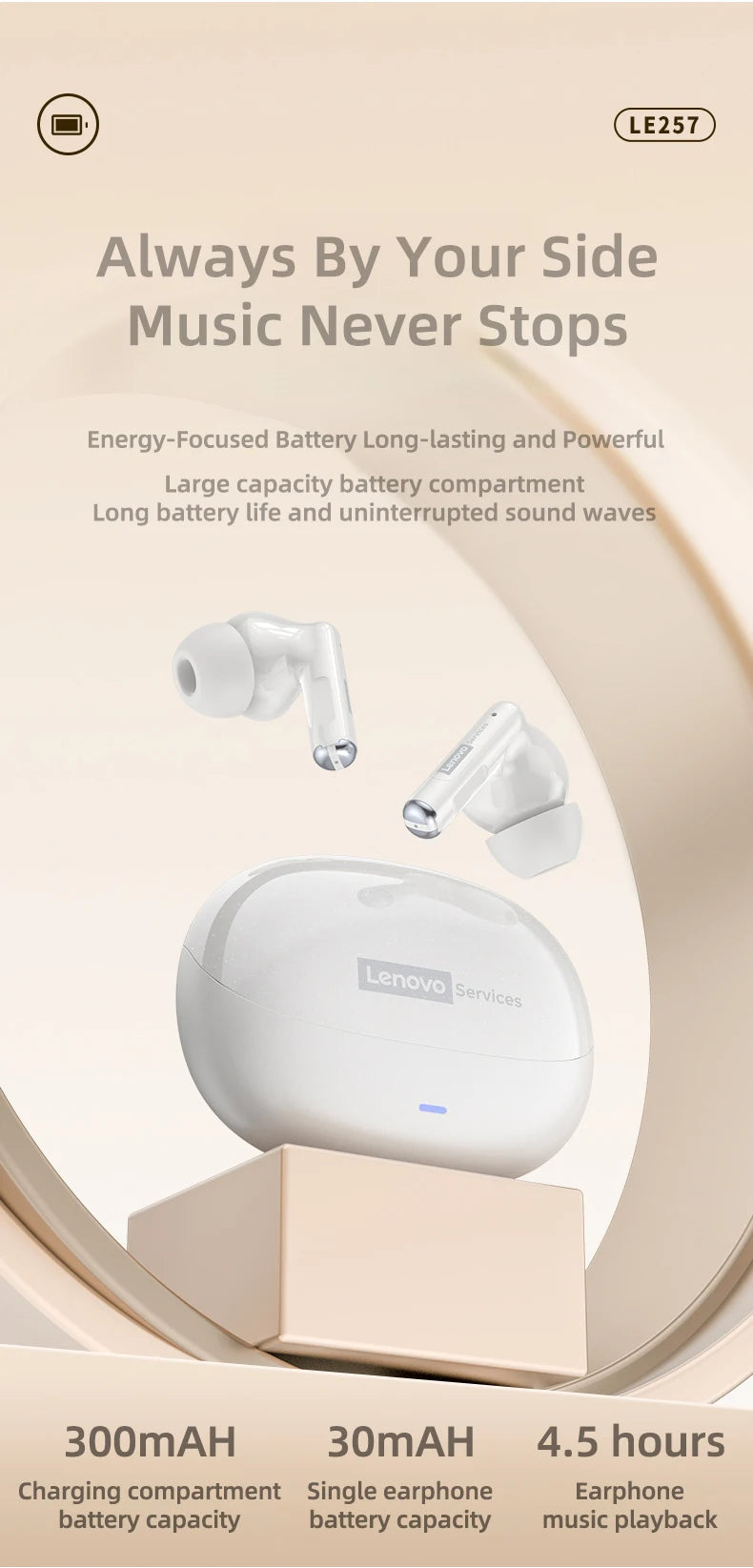  Lenovo LE257 TWS Wireless Bluetooth 6.0 Headphones HiFi Sound ENC Call Noise Reduction Earphone Gaming Sports Headset With Mic