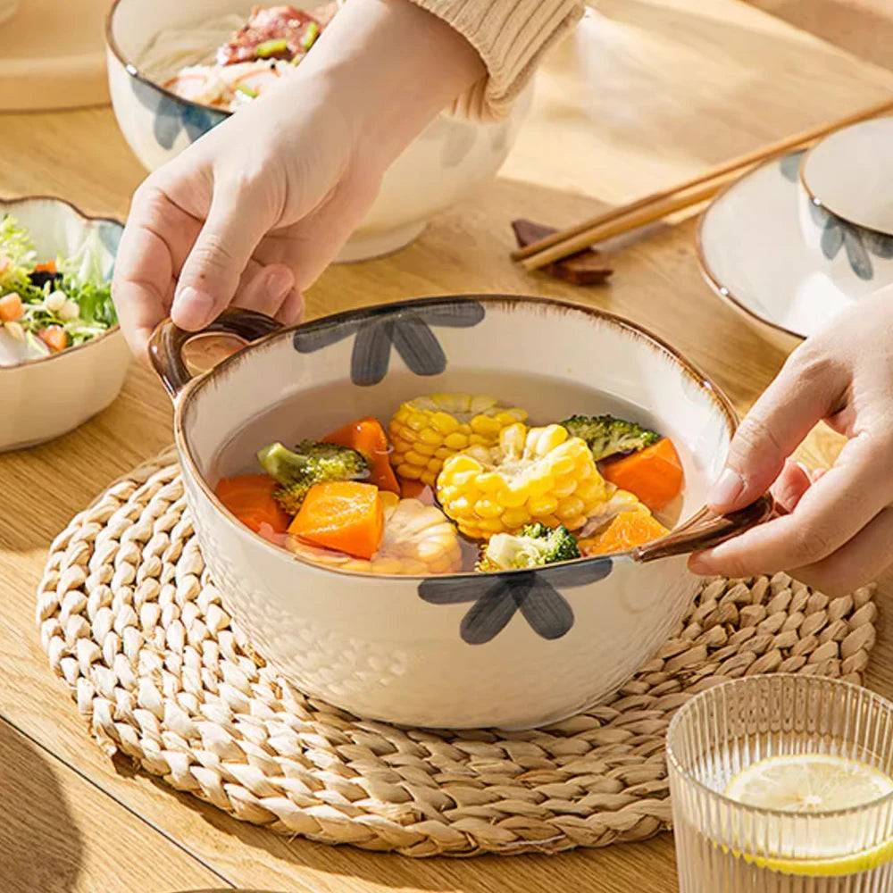 1500ml Household Noodle Bowl Ceramic Soup Bowl With Handle Salad Pasta Bowl Kitchen Tableware Microwave Oven Bakware