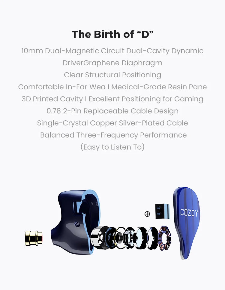 COZOY D1 IEM 10mm Graphene Diaphragm Dual Magnetic Circuit Dual Cavity Dynamic Wired In-Ear Earphones