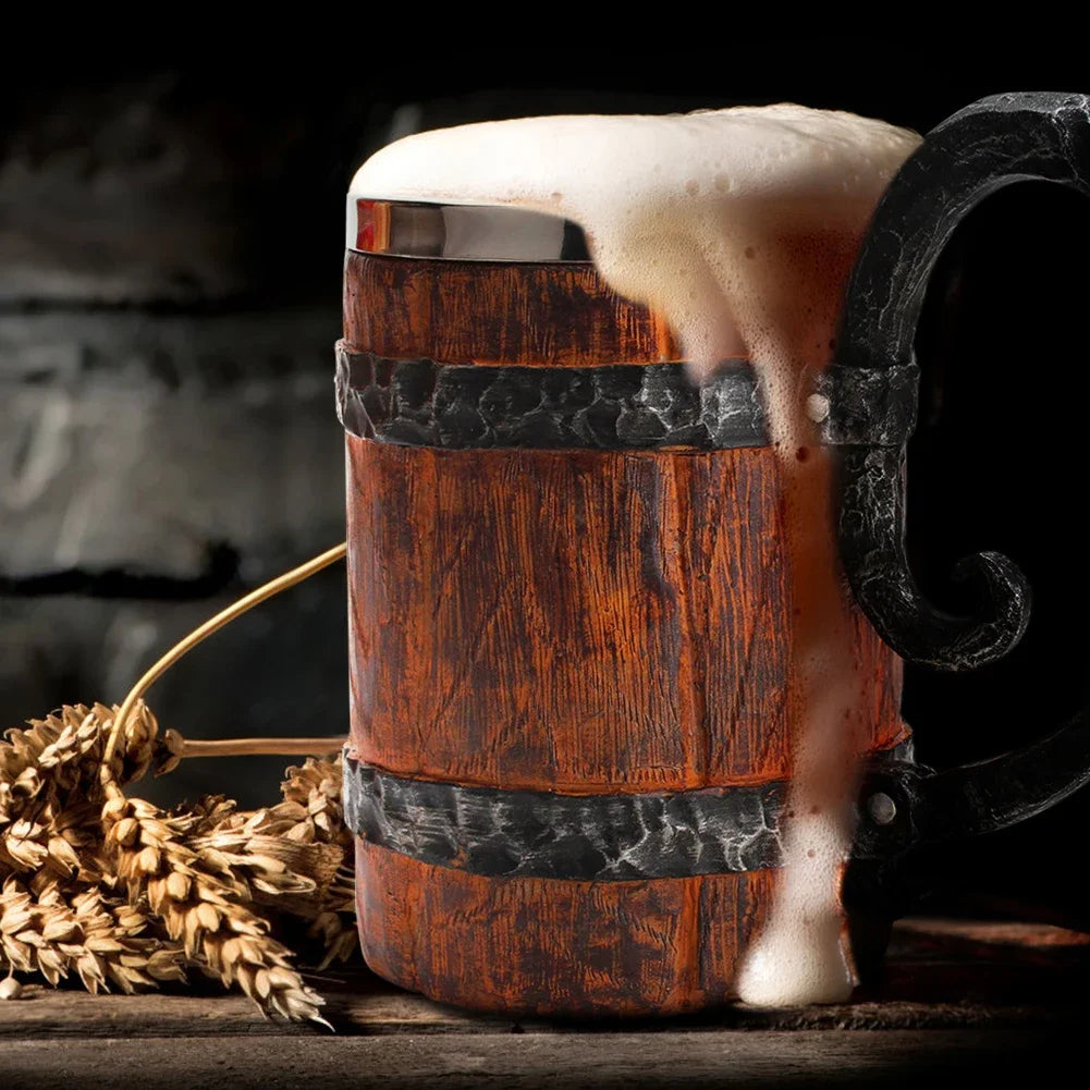 Wooden Barrel Beer Cup Stainless Steel Beer Mug Double Wall Drinking Cups Viking Style Vintage Coffee Mugs Kitchen Supplies