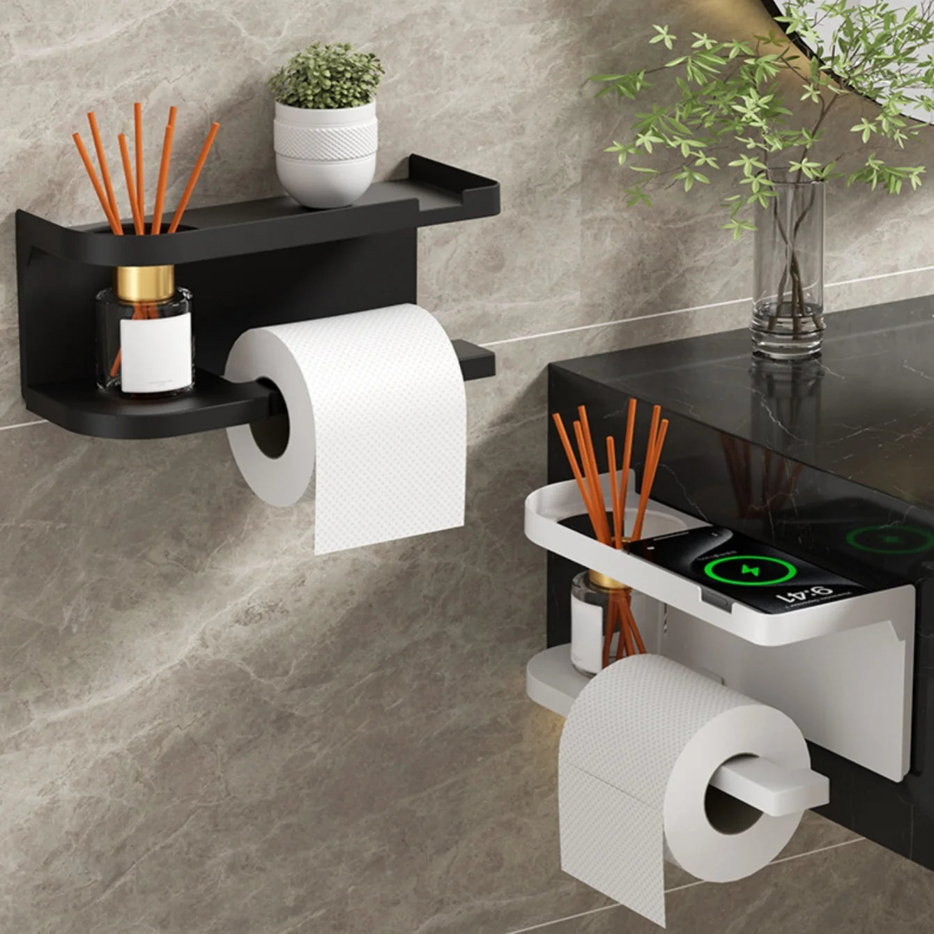 Self Adhesive Toilet Paper Holder with Phone Shelf Stainless Steel Wall Mounted Toilet Paper Roll Holder - Rustproof