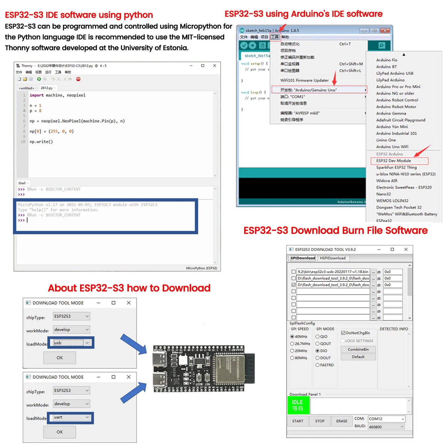 ESP32-S3 Development Boards with Expansion Adapter Kit 2.4G Wifi BT Module ESP32-S3-1 N8R2 N16R8 44Pin Type-C ESP32-S3