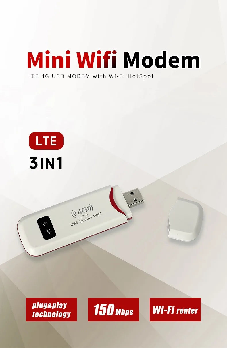 4G LTE Wireless USB Dongle 150Mbps Mobile Broadband Modem Stick 4G SIM Card Hotspot Router for Home Office Wireless WiFi Adapter