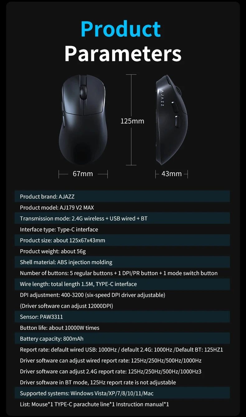 AJAZZ Wireless Gaming Mouse 3 Model With Magnetic Attraction Charging Base PAW3311 Sensor 12000 DPI For PC Laptop AJ179 V2/MAX