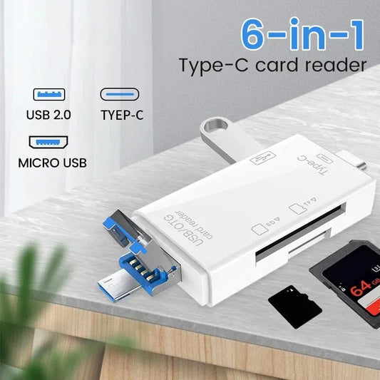 6 in 1 Type C Micro USB Portable SD Memory Card Reader High-speed Transmission Adapter For PC & Laptop