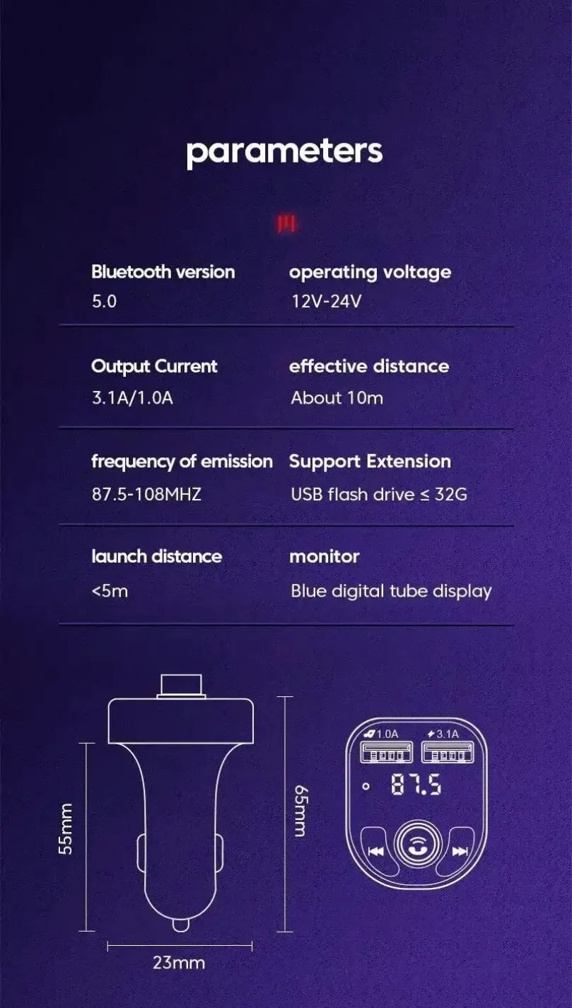 Bluetooth 5.0 LED MP3 Car Bluetooth FM Audio Receiver Hands-Free Transmitter 2.1A 3.1A QC3.0 PD Type C Dual USB Car kit Charger
