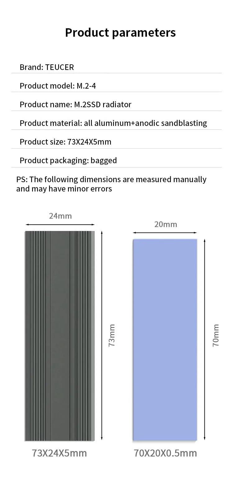 TEUCER M.2 2280 NVMe SSD Aluminum Heatsink Radiator with Thermal Pad for PS5/PC/Laptop Cooling 5mm Thickness