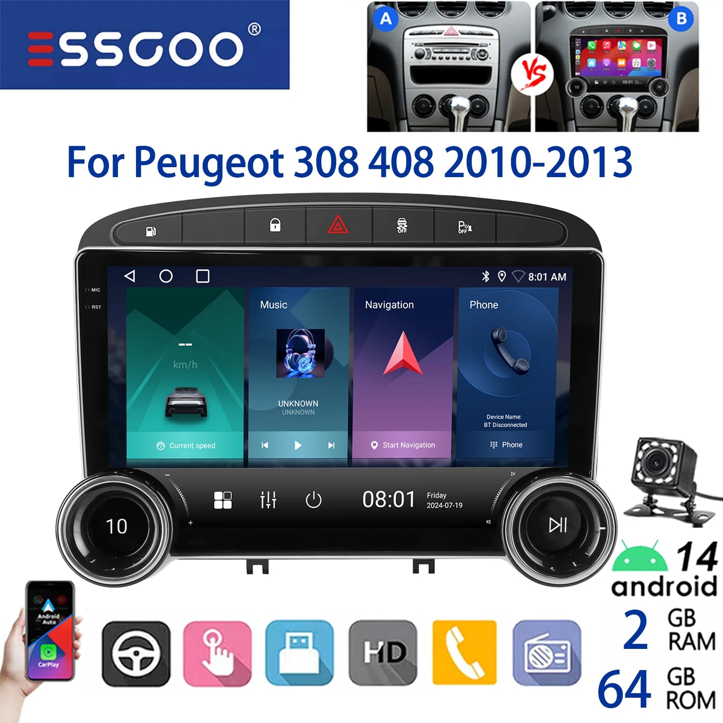ESSGOO 2DIN Android 14 For Peugeot 408 RCZ 308 10-13 Car Radio Wireless Carplay Android Auto 10" Display GPS Navi WIFI FM RDS BT