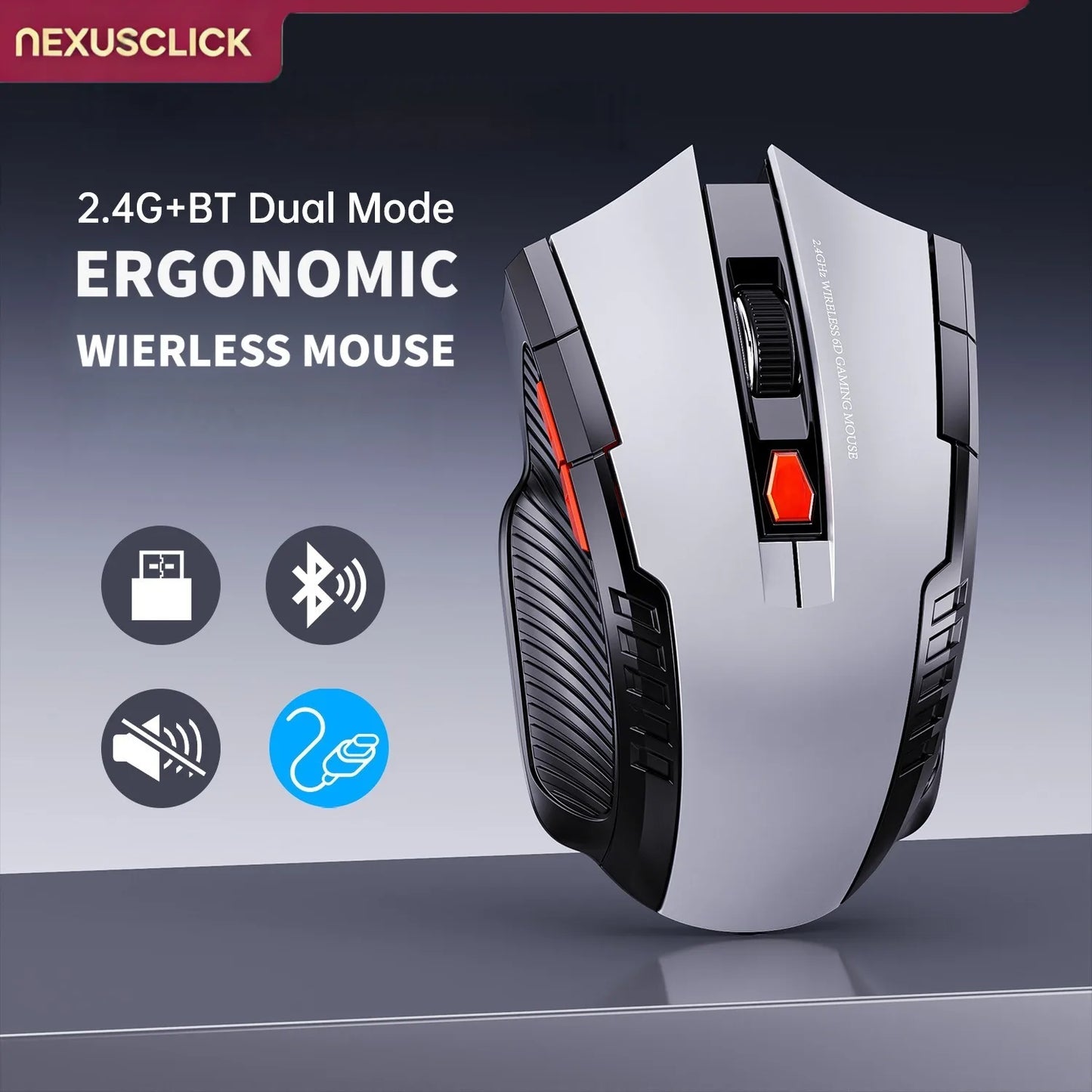 NEXUSCLICK Wireless Optoelectronic Mouse,1600DPI 6 Silent clicks New Game&Craft Gift Mice in Stock USB Receiver for Office Gamer