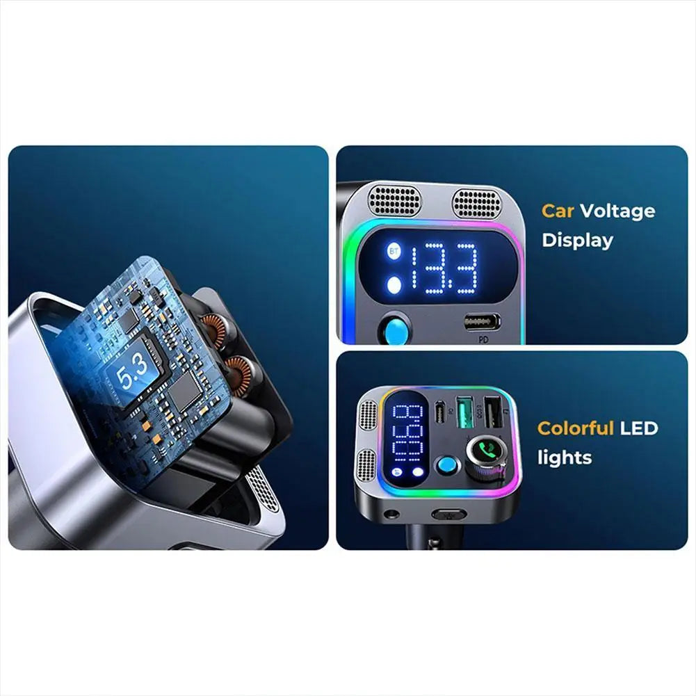 LED Bluetooth 5.0 FM Transmitter With Strong Dual Mics And Deep Bass Sound For Car 48W PD&QC3.0 Car Charger Adapter